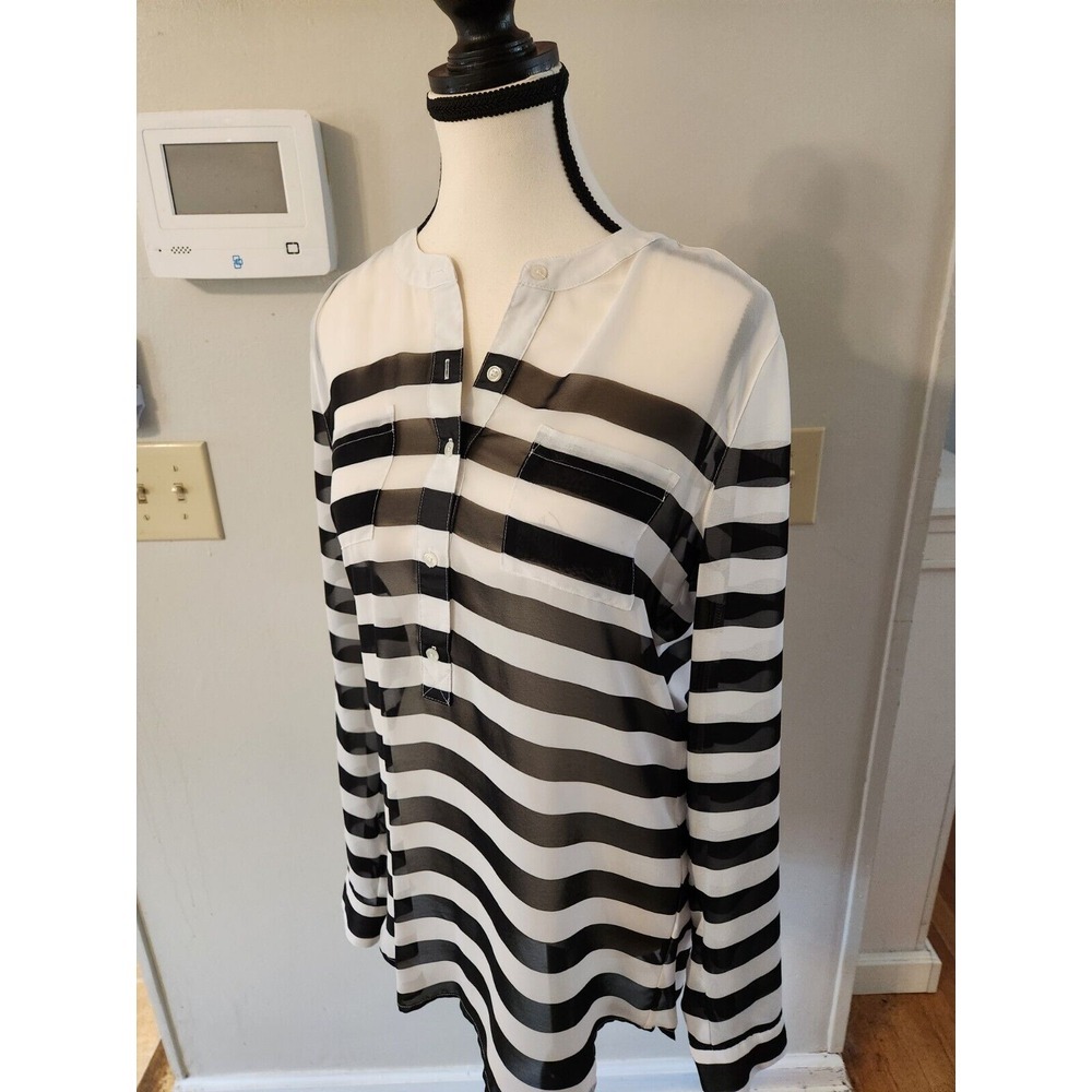 Old Navy Womens Small Tall Striped Sheer Henley Blouse Black White Long Sleeve